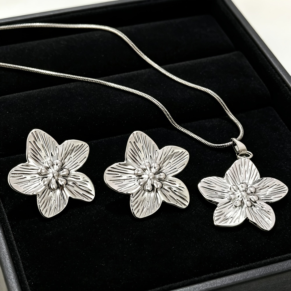 2pcs 316L Stainless Steel Flower Jewelry Set, Vintage Style